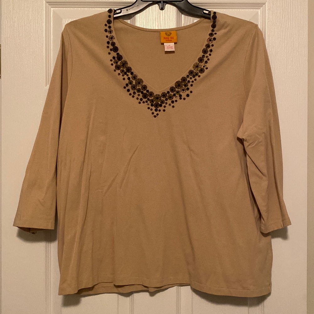 Ruby Rd. 3/4 Sleeve Top with Embellished V Neckline